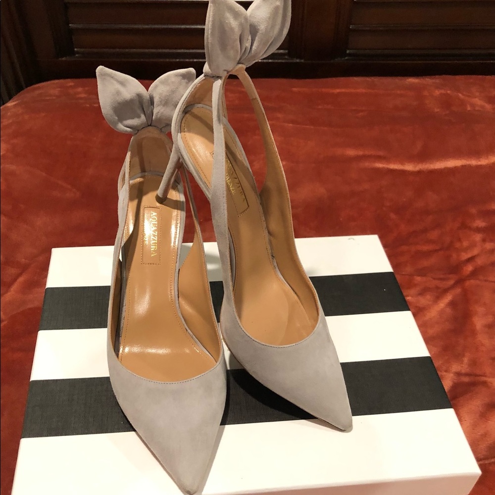 Aquazzura Grey Bow Tie Cutout Suede Deneuve Heels Pumps 6.5